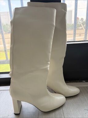 Zara Cream Knee-High Block Heel Boots